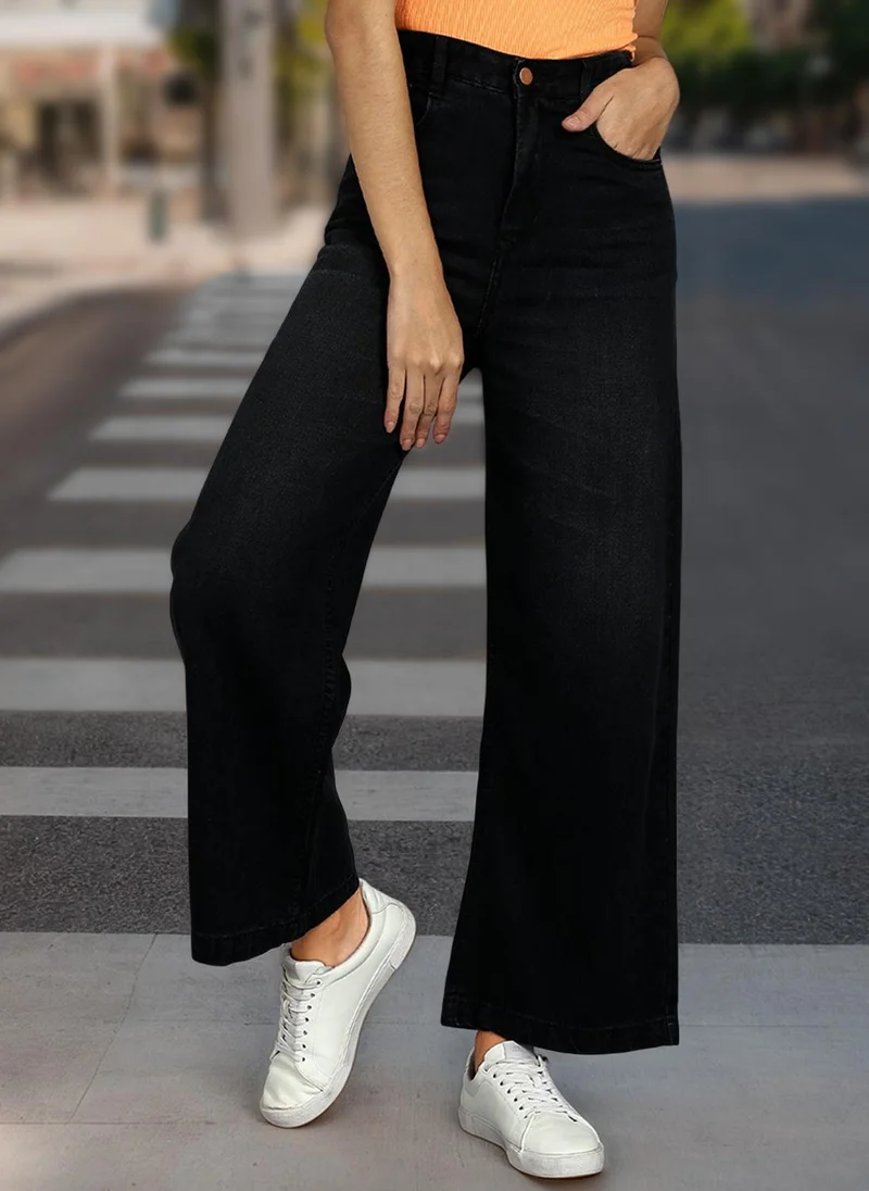 Urbano Fashion Women's Black Regular Fit Wide Leg Washed Jeans